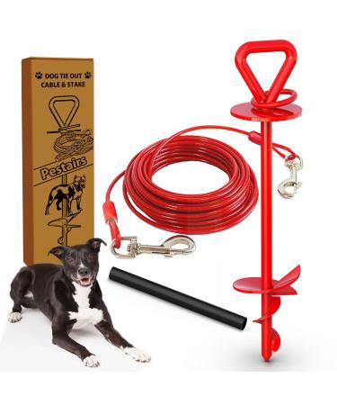 25 Ft Dog Tie Out Cable and Stake - Dog Yard Leash and Stake for Small Medium Large Dogs Up to 125 lbs - Spiral Blade Dog Yard Stake for Outside Yard Beach Lawn Red