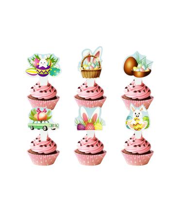 TSJ 24 PCS Easter Cupcake Toppers Bunny Ear Easter Eggs Cupcake Decorations Rabbit Cake Toppers Cake Decor for Easter Theme Baby Shower Party Supplies A-24pcs