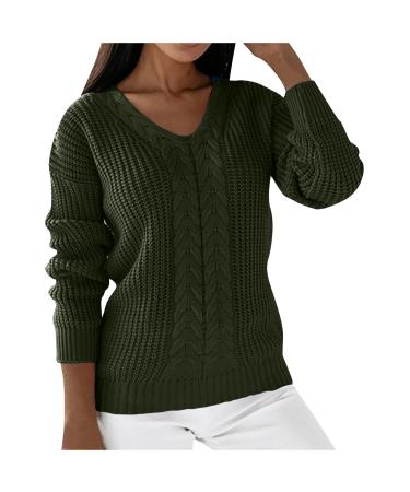 Yihaojia Fall Sweaters for Women 2023 Trendy V Neck Pullover Knitted Casual Sweater Tops Chunky Knit Sweaters Jumper Tops Army Green#11 Large