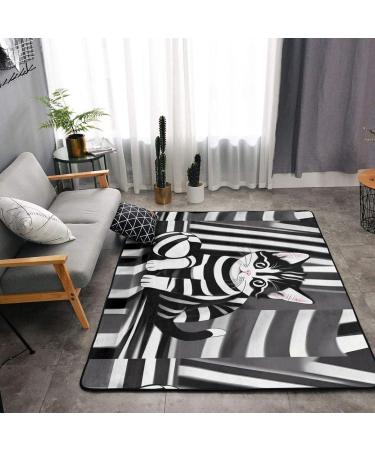 Black and White Striped Kitten Flannel Non-Slip Floor Mat - 63x48 Inches Comfortable & Lint-Free Perfect for Home & Office - Shop Internationally - Buy Online on GoSupps.com