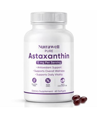 QUZOYU NutraWell Astaxanthin 12mg with Coconut Oil Antioxidant Support Supplement Non-GMO Gluten Free 60 Softgels