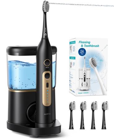 AGPTEK Toothbrush Flosser Combo Portable Tube for Travel Use USB C & Contact Charging 5 Brushing Modes 5 Water Pressure Oral Irrigator 500ml Water Reservoir- Gold and Black