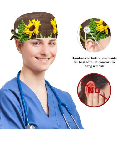 Nurse Scrub Caps - Sunflowers White Wooden Working Cap with Button and Bow Hair Scrunchie - Buy Online on GoSupps.com