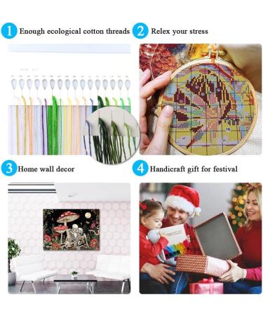 Mushroom Skeleton Trippy Flower Plant Cross Stitch Kit - Hippie Nature Moon Star Design - 12x16 inch - Buy Online on GoSupps.com