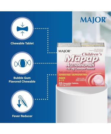 MAJOR Children s Mapap Acetaminophen 160 mg Chewable Tablets - Pain Reliever/Fever Reducer - Aspirin Free - Ibuprofen Free - for Ages 2 to 11-24 Count (3 Pack) 24 Count (Pack of 3) - Buy Online on GoSupps.com