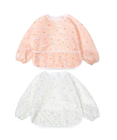 Little Dimsum Long Sleeves Toddler Weaning Bibs | Sleeved Baby Waterproof Feeding Coverall Set | Catching Food & Wipe Clean 6-36 Months(Mouse&Alpaca)