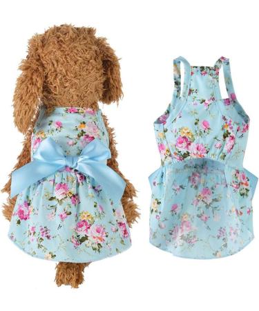 HshDUti Sweetie Bowknot Dog Dresses For Small Dogs Cats Princess Doggie Shirts Girls Puppy Shirt Spring Summer Dog Clothes Flower Print Cotton Dog Costume Outfit Blue S S Blue - Buy Online on GoSupps.com