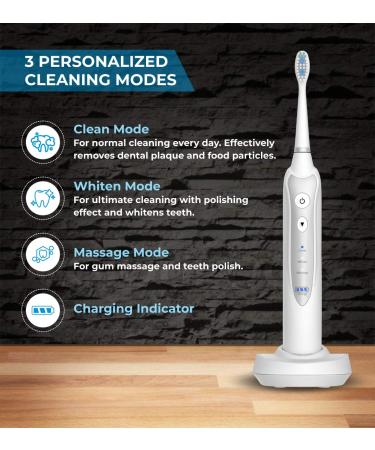 Sonic Electric Toothbrush for Adults with 5 Replacement Heads, 3 Modes & Timer | Rechargeable Travel Toothbrush - White - Buy Online on GoSupps.com