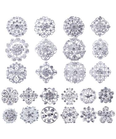 MEEJOA Brooches and Pins for Women  Lot 24pc Silver Color Clear Rhinestone Crystal Flower Brooch Pin DIY Wedding Bouquet Broaches Set