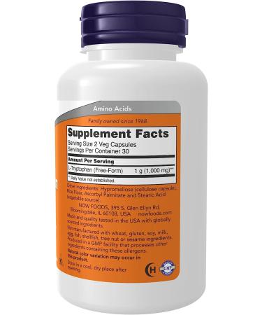 NOW Supplements L-Tryptophan 500mg - Encourages Positive Mood & Relaxation - 60 Veg Capsules - Buy Online on GoSupps.com