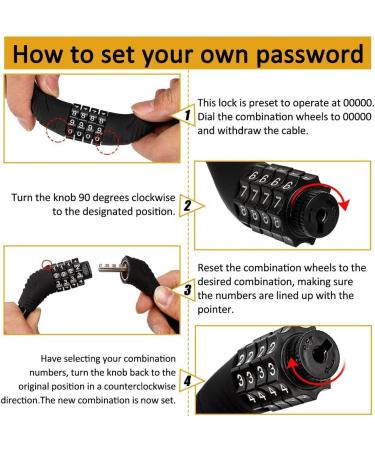 Sanwo Security Bike Lock - 4 Digit Resettable Combination Cable Lock for Bicycle - 2ft x 1/2in - Black - Buy Online on GoSupps.com
