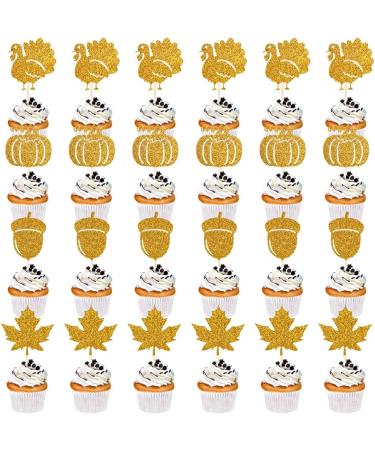 Qertesl 25PCS Thanksgiving Cupcake Toppers Turkey Maple Pumpkin Fall Themed Cake Topper Thanksgiving Party Cake Decorating Harvest Season Cake Decorating Cupcake Dessert Picks Gold4 - Buy Online on GoSupps.com