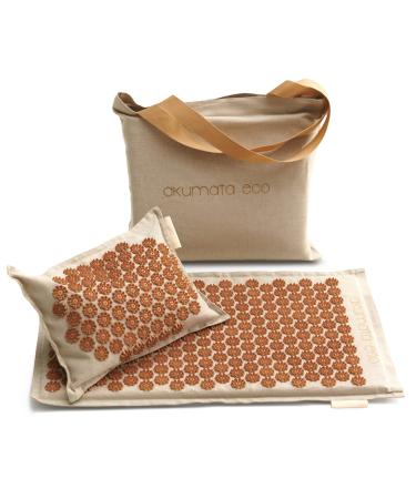 Akumata eco acupressure mat with pillow set of back and neck pain |Massage Set - Massage mat full body and acupressure neck pillow - linen & gold - Buy Online on GoSupps.com