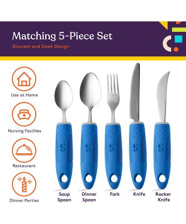 Special Supplies Adaptive Utensils (5-Piece Kitchen Set) Wide  Non-Weighted  Non-Slip Handles for Hand Tremors  Arthritis  Parkinsons or Elderly Use - Stainless Steel Knives  Fork  Spoons - Blue - Buy Online on GoSupps.com