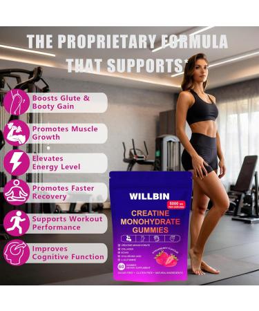 Willbin Creatine Gummies - Strawberry Flavor | 5000mg Creatine Monohydrate per Serving | Vegan-Friendly Pre-Workout Energy Support for Muscle Growth & Strength (150) - Buy Online on GoSupps.com