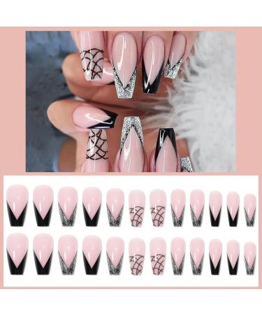 Ready to Wear Nails Press On Nails Kit - Finished Nail Set Fake Nails with Designs with Nail Glue Nail File French Snake False Nails Pink and Black Design Nicything Jp0474-08 - Buy Online on GoSupps.com