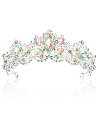Exacoo Silver Tiaras for Women Crystal Crowns for Girls Aurora Borealis Wedding Bridal Princess Prom Party Queen Hair Accessories for Birthday Halloween Bride Bridesmaids Photography Quinceanera AB Crystal Silver (Loop type)