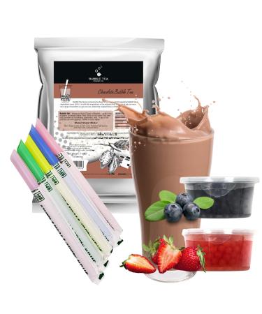 Chocolate Bubble Tea Kit - Ultimate Bubble Tea Kit Gift with Chocolate Tea Powder (30 Servings) Featuring Mango and Blueberry Juice Pobbles and Bubble Tea Paper Straws