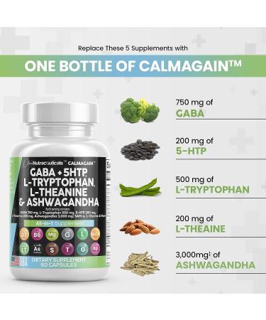 Clean Nutraceuticals GABA 750mg 5 HTP 200mg L Tryptophan 500mg L Theanine 200mg Ashwagandha 3000mg SAM-e L-Glycine - Mood Support Vitamins for Women and Men with L-Tyrosine - Made in USA 60 Caps - Buy Online on GoSupps.com
