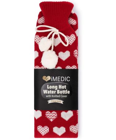 iMedic 2L Extra Long Hot Water Bottle with Super Soft Fleece Cover - Large UK Hot Water Bottle with Knitted Hearts Design - Buy Online on GoSupps.com