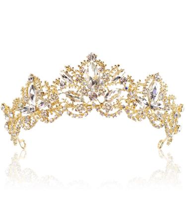 Exacoo Gold Tiara Wedding Tiaras and Crowns for Women,Rhinestone Queen Tiara for Women Princess Crown Birthday Tiara Headbands for Wedding Prom Bridal Party Halloween Costume Christmas Gifts Clear+gold(loop Type)