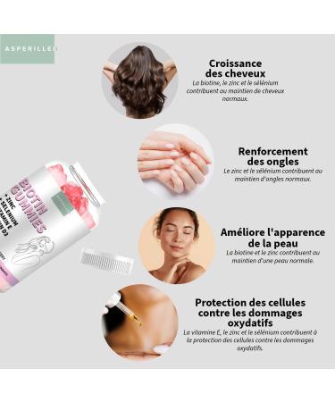 Biotine Gummies 10.000 mcg Go t Fraise - Pousse Cheveux Biotine + Zinc + S l nium - Complement Alimentaire Cheveux avec Vitamine E & D3 - Vegan Sans Gluten Sans OGM 60 Unit s - Buy Online on GoSupps.com