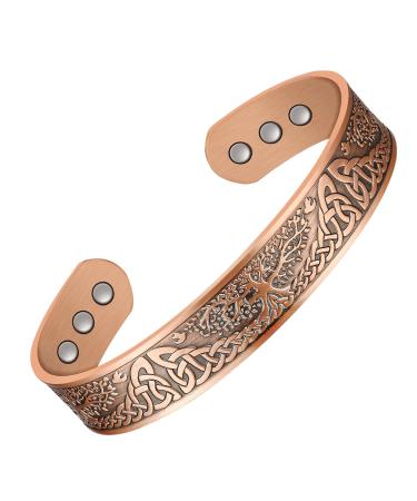Jecanori Copper Magnetic Bracelets for Men Tree of Life Pattern Solid Copper Brazaletes with 12pcs Ultra Strong Magnets Adjustable Size Cuff Bangle with Jewelry Gift Box Lifetree-copper