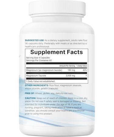 Magnesium Taurate 2 000mg 240 Capsules | Highly Bioavailable Chelated Magnesium Supplement | Mineral Supplements for Men & Women | Non-GMO Gluten Free - Buy Online on GoSupps.com