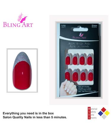 Shop Red Silver Stiletto Almond False Nails - 24 Bling Art Artificial Nails with Glue for Perfect Manicure | International Shipping Available - Buy Online on GoSupps.com