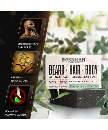 Bossman 4-in-1 Men's Bar Soap - Organic Beard Wash, Shampoo, & Body Wash - Eucalyptus & Tea Tree (4oz) - Buy Online on GoSupps.com
