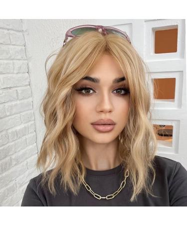 WOKESTAR Bob Curly Wig with Fringe Short Synthetic Wavy Wigs for Women Golden Blonde Color 12 inch Golden Blonde
