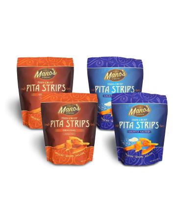 Mano s Authentic Pita Chip Strips Variety Pack - Healthy Thin Bite Sized Pita Chips - 4 Pack - Original and Lightly Salted (2 Bags of Each Flavor)
