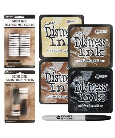Tim Holtz Ranger Distress Ink Mini Pads Set Multi-Color with 1 Mini Ink Blending Tool Set + 20 pcs. Replacement Foams + Black Permanent Marker  Arts, Crafts, Scrapbooking Supplies Kit 3