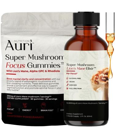 Auri Focus Gummies & Brain Boost Elixir Bundle - Super Mushroom Focus Gummies & Lion s Mane Liquid Elixir - Cognitive Function & Mental Clarity Supplement - 60 Gummies and 60ml Elixir