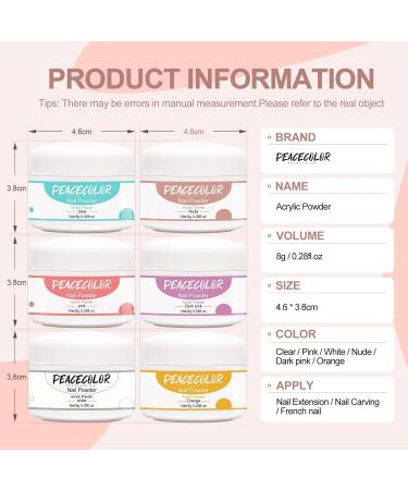 PEACECOLOR 6PC 8G Acrylic Powder Set Clear Pink White Nude Orange Dark Pink Color Collections Professional for Acrylic Nail Extension Carving Nails DIY Nail Art at Home No Lamp Needed XA-46 - Buy Online on GoSupps.com