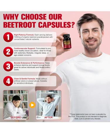 Beet Root Capsules 1300mg - Beetroot Supplement for Healthy Circulation Energy & Endurance - Non-GMO Vegan Beet Extract (1 Pack) 60 Count (Pack of 1) - Buy Online on GoSupps.com