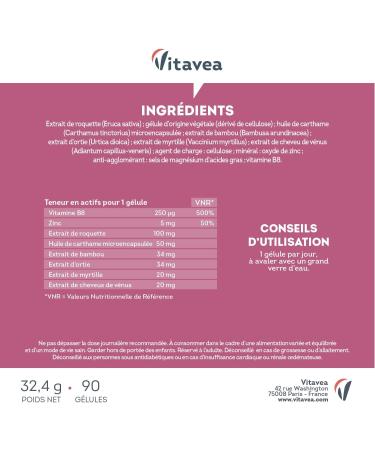 Complexe Cheveux 4en1 avec Biotine - Pousse de Cheveux Chute de Cheveux Brillance Force - 8 Actifs dont Zinc et Roquette - 90 g lules - Vegan Fabriqu en France - Vitavea - Buy Online on GoSupps.com