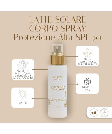 BIOKOSMO - italian roots - Sun Milk Body Spray High Protection SPF 50. Mallow Oleolith Altea Calendula and Avocado Oil 100 ml. 100% Made in Italy and Cruelty Free - Buy Online on GoSupps.com
