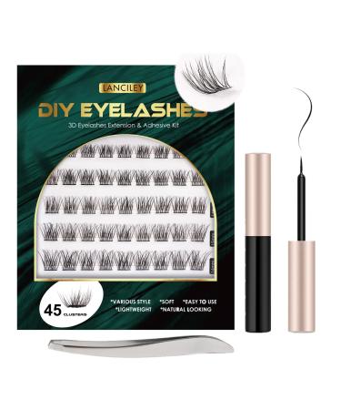 Lanciley Individual Lashes 45 Clusters Lashes C Curl DIY Eyelash Extension Kit at Home for Make-up Beginner False Eyelashes with Eyelash Glue Tweezers 10/12/14/15/16mm Easy to Use - Natural Style 45 clusters - natural