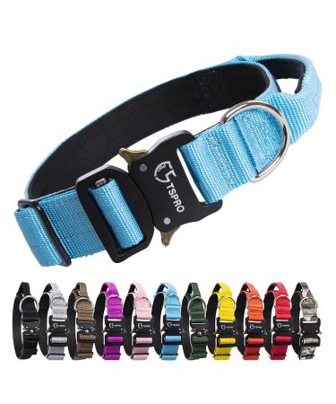 Tspro premium dog collar with handle thick adjustable dog collar heavy design of quick lock metal buckle dog collar for small or medium-sized to extra large dogs (blue-m) handle version size M- (adjustable37-46cm) blue