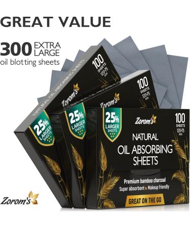 Natural Bamboo Charcoal Oil Blotting Sheets for Oily Skin - 3pk/300 Makeup-Friendly Sheets - 25% Larger Size - Easy Grab Dispenser - 3 Pack - Buy Online on GoSupps.com