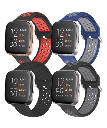 iHillon 4 Pack Compatible with Fitbit Versa Bands/Fitbit Versa 2 Bands for Men Women, Soft Silicone Sport Wristbands Compatible with Fitbit Versa Lite Bands/Fitbit Versa 1 Bands/Versa SE (Large, Black Red+Midnight Blue Gra…