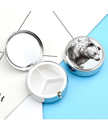 Wildlife Hand Drawn Bear Round Pill Box - 3 Compartment Decorative Metal Organizer for Travel | Portable Animal Print Medicine Case - Buy Online on GoSupps.com