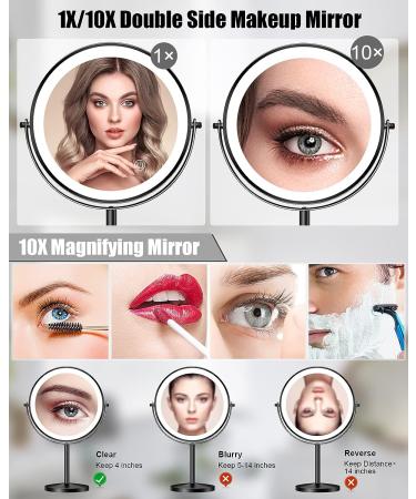 TOLOYE 8Inch Rechargeable Lighted Makeup Mirror - 1X/10X Magnification, 360 Rotation, Touch Sensor Dimming, Double Sided - Black - Buy Online on GoSupps.com