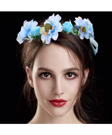 Lurrose Flower Head Wreath Floral Crown Headpiece Flower Headband with Adjustable Ribbon for Party Wedding Festival Sky blue - Buy Online on GoSupps.com