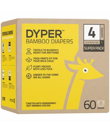 DYPER Viscose from Bamboo Baby Diapers Size 4 | Honest Ingredients | Cloth Alternative | Day & Overnight | Made with Plant-Based* Materials | Hypoallergenic for Sensitive Newborn Skin, Unscented 60Ct