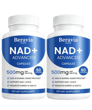 Beravia Health Nad + Supplement Nad Advanced Supplements for Women & Men - With Nicotinamide Resveratro Quercetin Skin & Body Anti-Aging Support - 60 Capsules (2 Bottle)