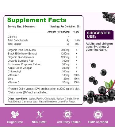 2 Pack Elderberry Gummies with Sea Moss, Extra Strength Elderberry with Vitamin C, Zinc for Immune Support for Adults, Kids, Women & Men, Blueberry Flavor 120Cts 60 Count (Pack of 2) - Buy Online on GoSupps.com