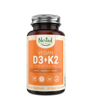 Nested Naturals  Vitamin D3+K2 | Supports a Healthy Immune System Heart & Strong Bones | 100% Vegan & Non GMO | 5000 IU Vitamin D3 from Lichen with 100 mcg Vitamin K2 MK-7-60 D3K2 Capsules