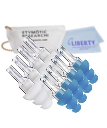 Etymotic Research ER20 Ear Plugs - Large and Standard Fit 4 Pair Bundle (Blue Color Standard Fit White Color Large Fit) - High Fidelity Noise Reduction - Includes Carrying Case and Liberty Cloth